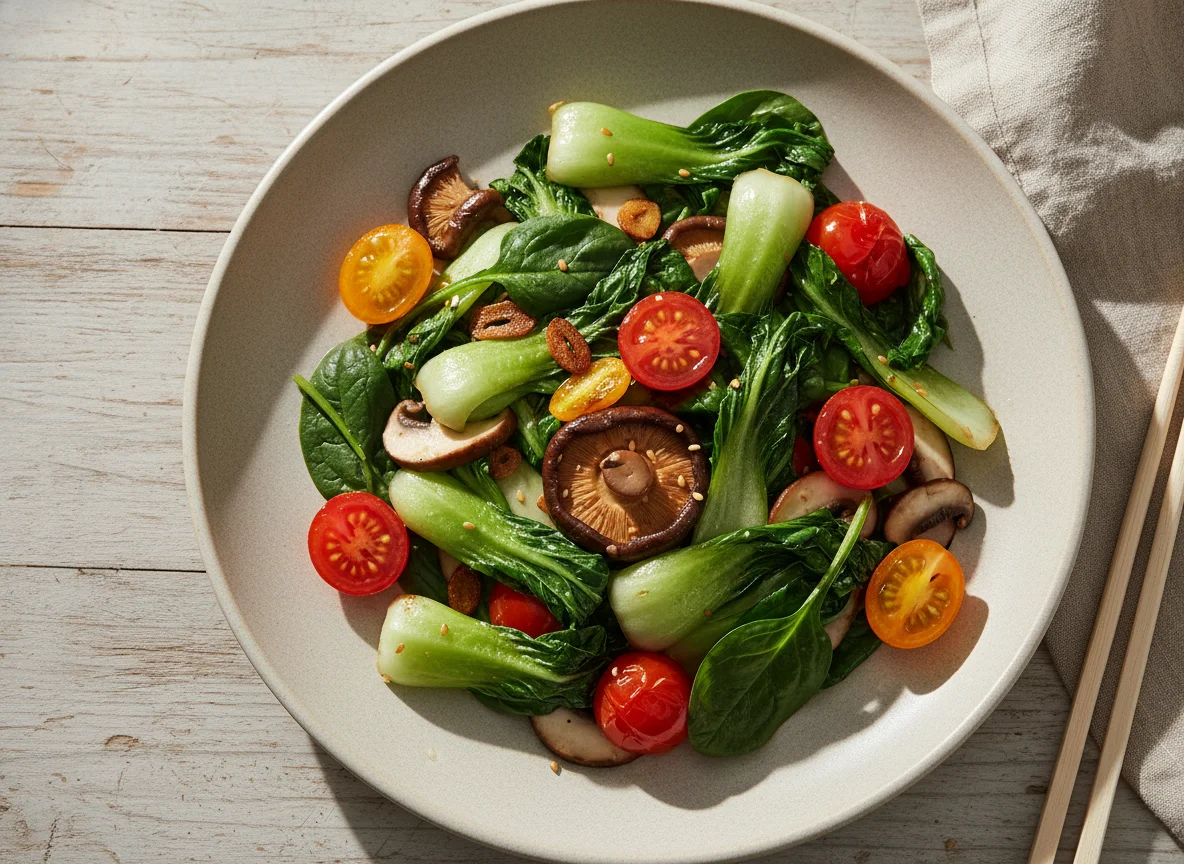 Gebratener Bok Choy und Spinat mit Pilzen und Tomaten photo