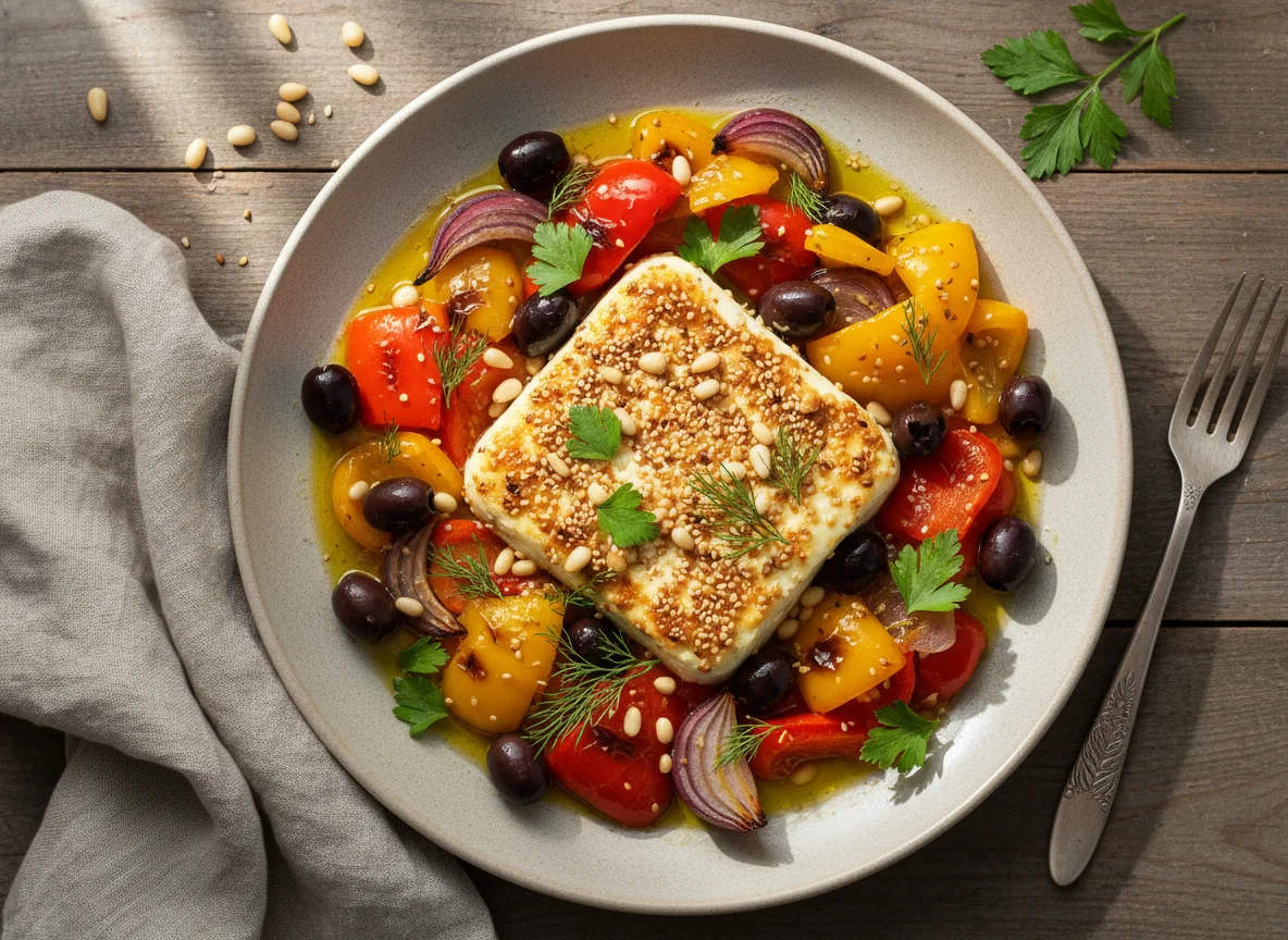 Gebratener Feta mit Paprika-Gemüse und Pinienkernen photo