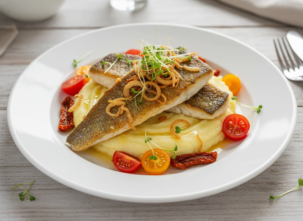 Gebratener Fisch auf Kartoffelpüree mit Tomaten und Zwiebeln photo