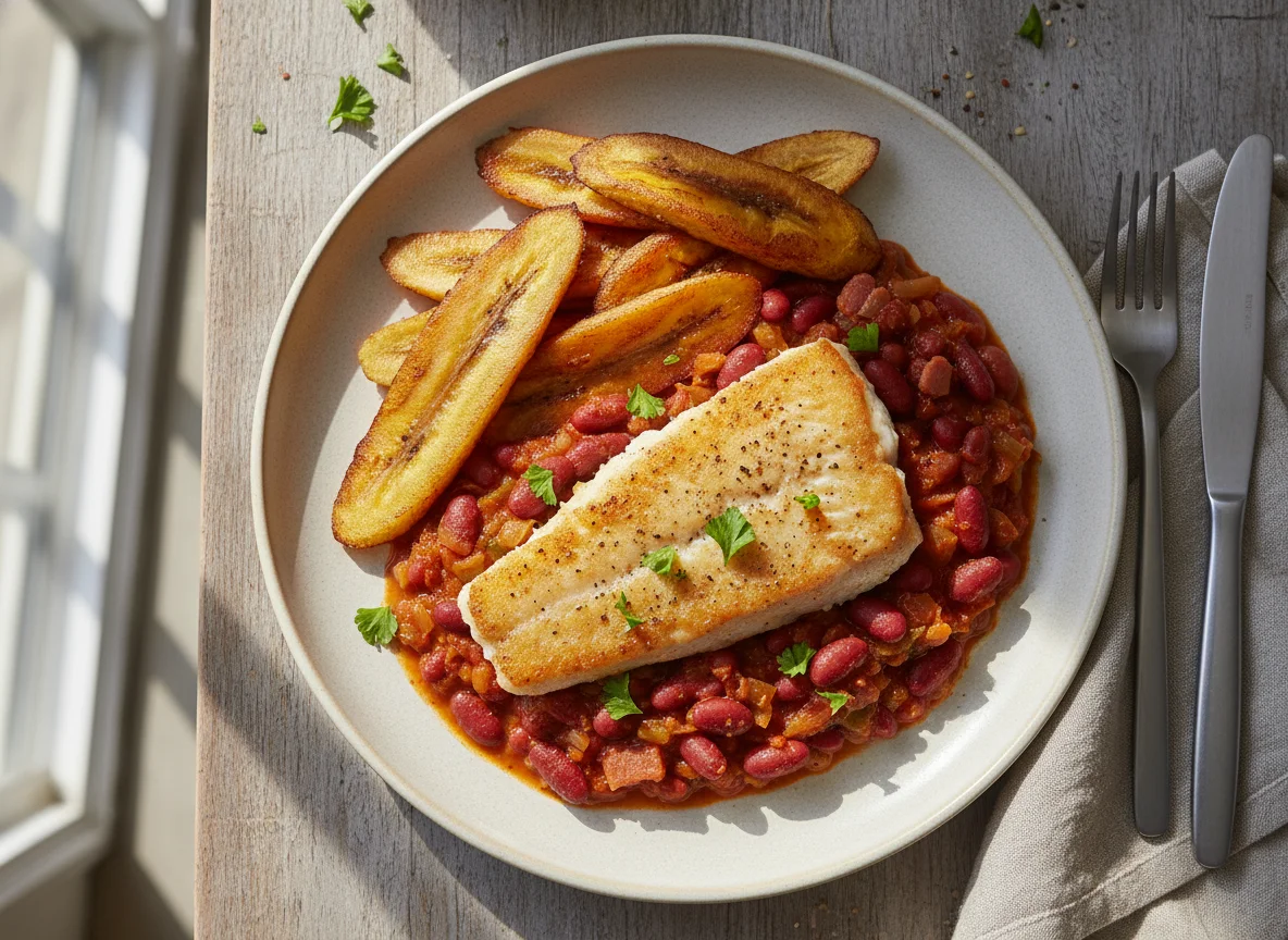 Gebratener Fisch mit Bohneneintopf und Kochbananen photo