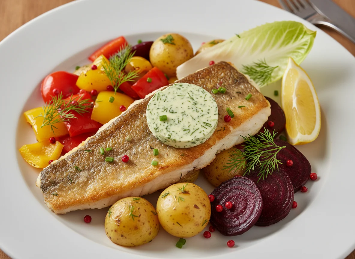 Gebratener Fisch mit Gemüse und Kräuterbutter photo
