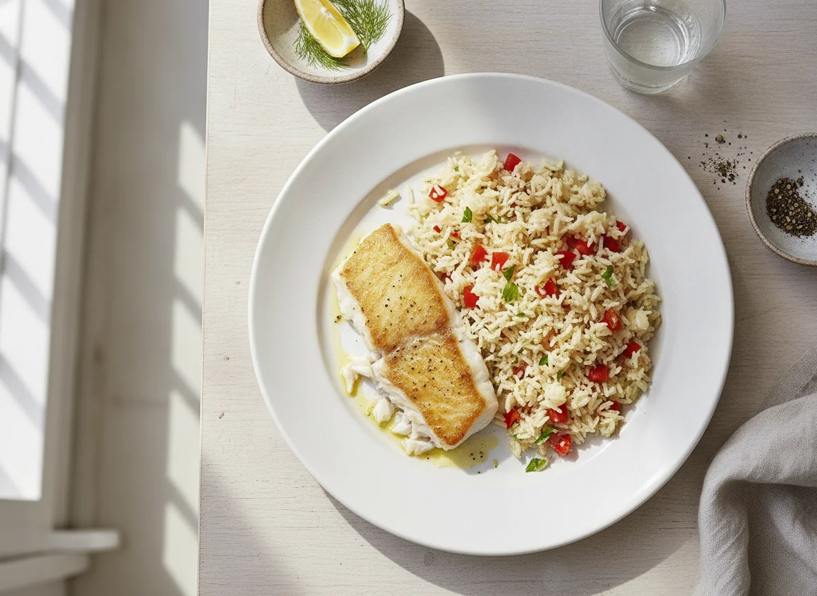 Gebratener Fisch mit Gemüsereis photo