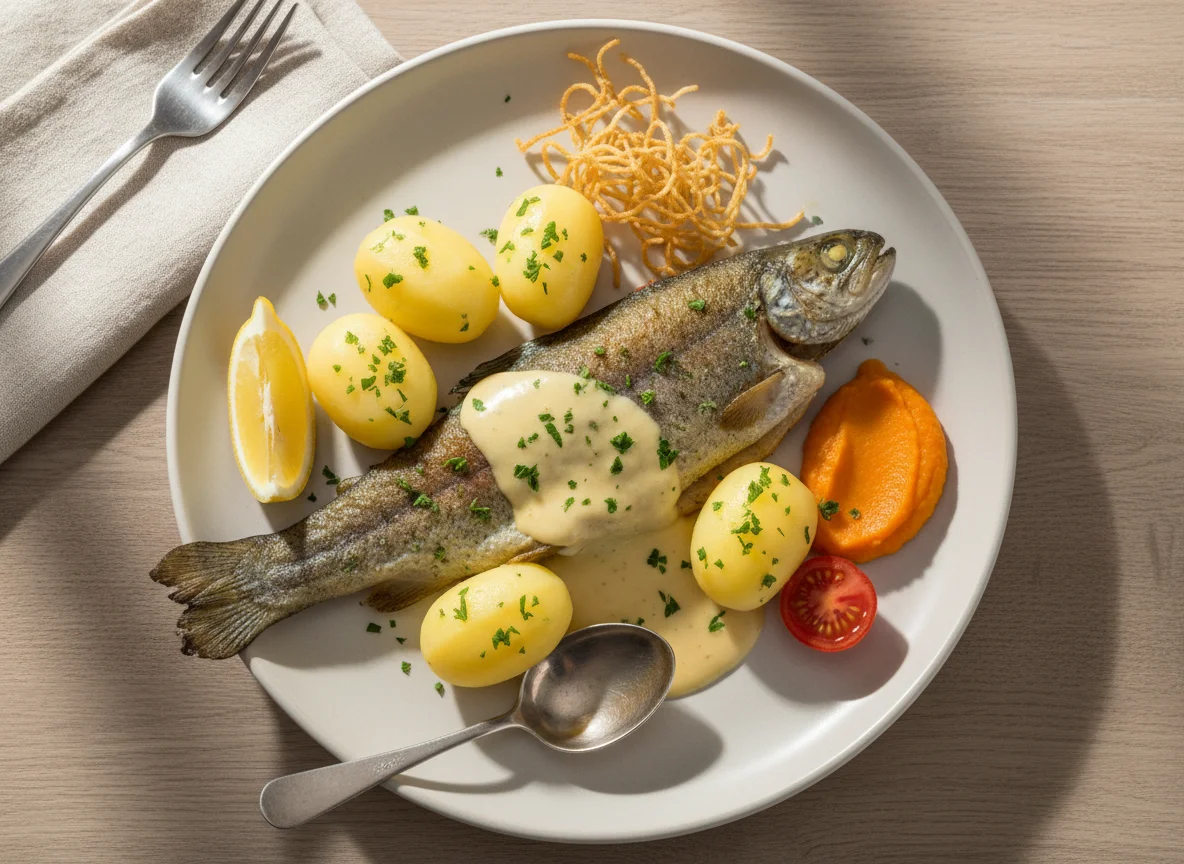 Gebratener Fisch mit Kartoffeln und Sauce photo
