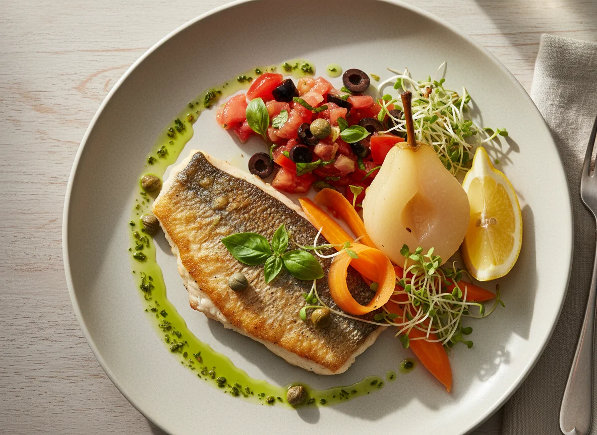Gebratener Fisch mit mediterraner Salsa und Birne photo