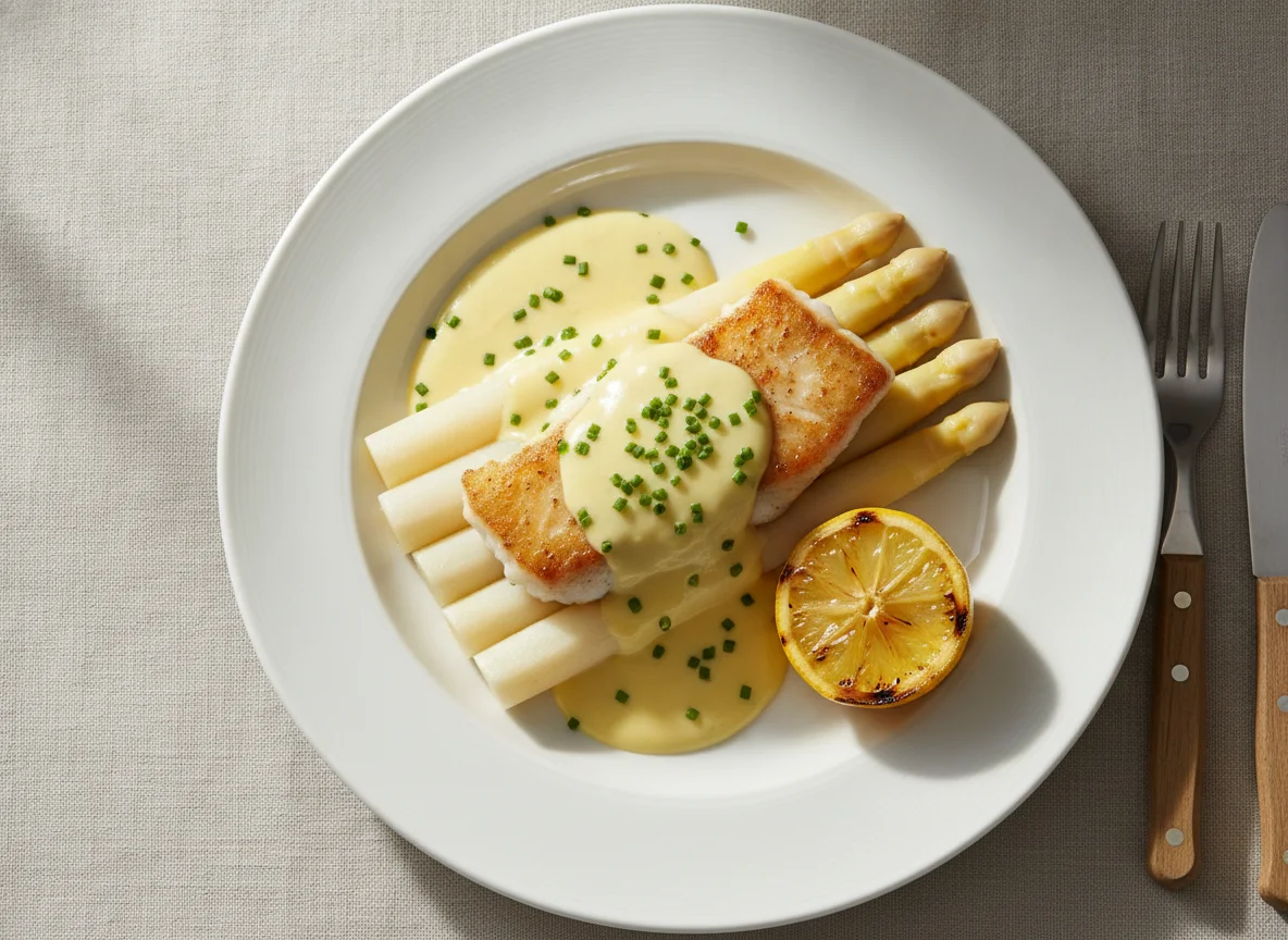 Gebratener Fisch mit weißem Spargel und Sauce Hollandaise photo
