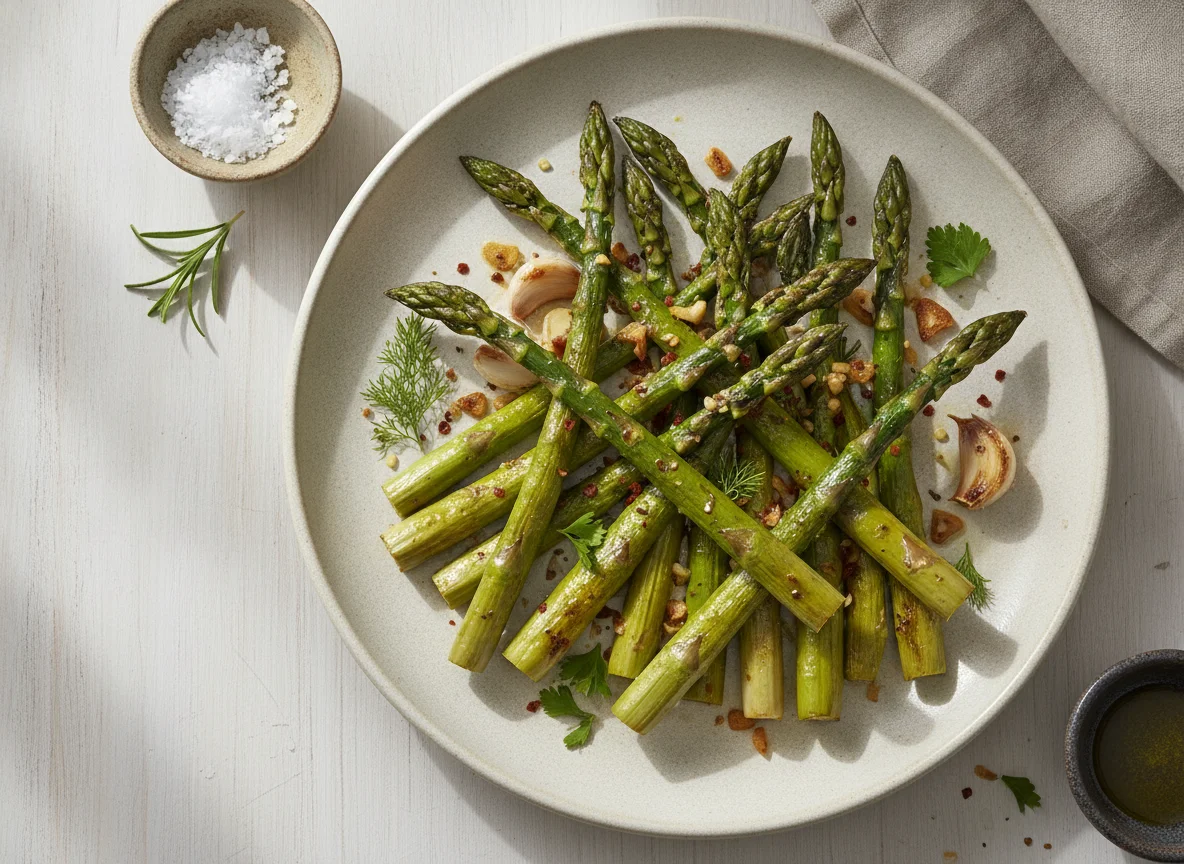 Gebratener grüner Spargel mit Knoblauch photo