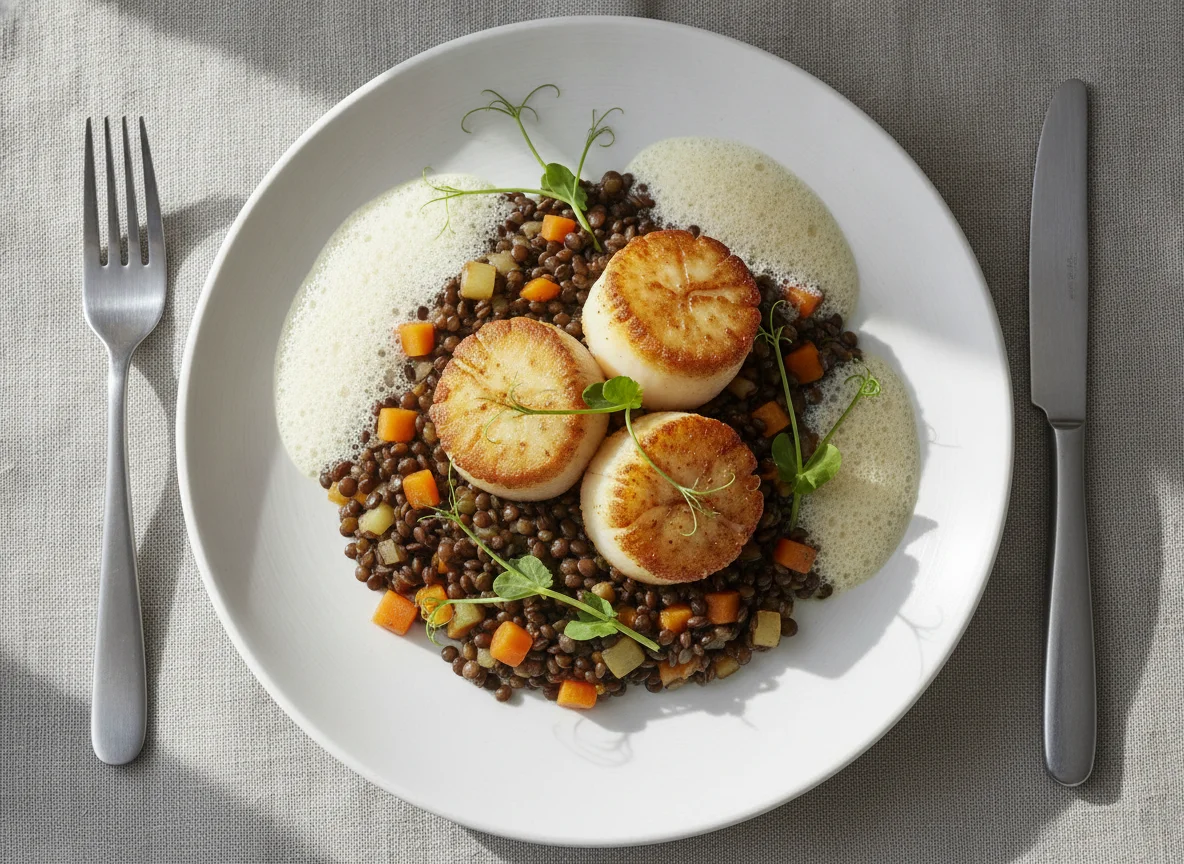 Gebratener Jakobsmuschel auf Linsenragout mit Schaum photo