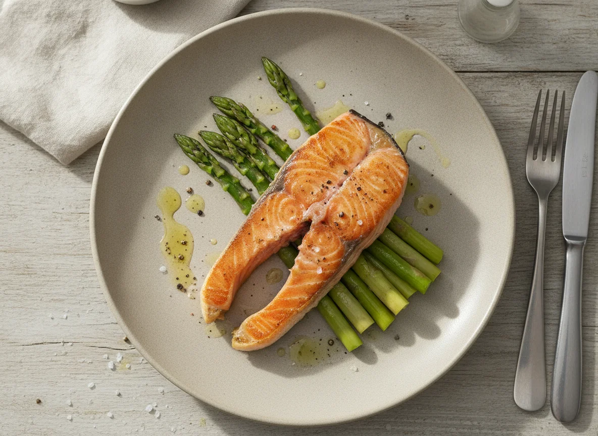 Gebratener Lachs mit grünem Spargel photo