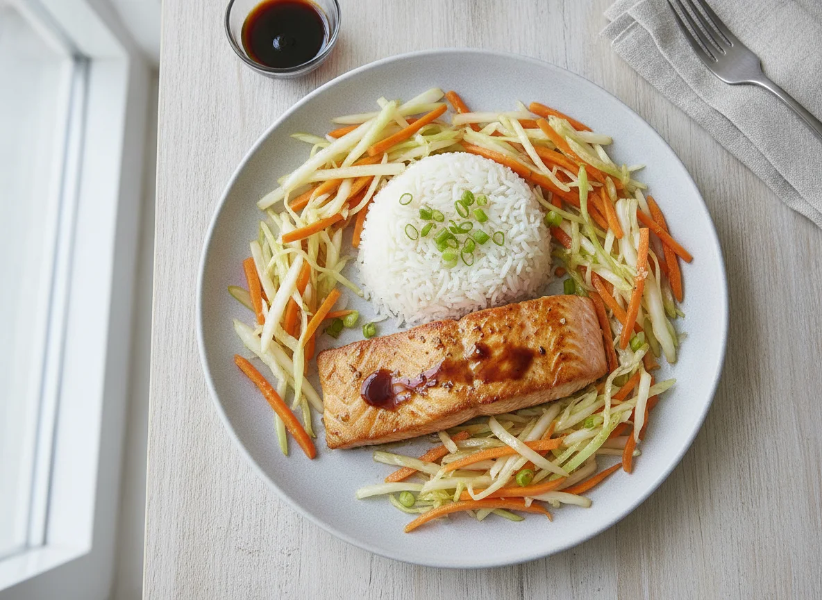 Gebratener Lachs mit Reis und Gemüse photo