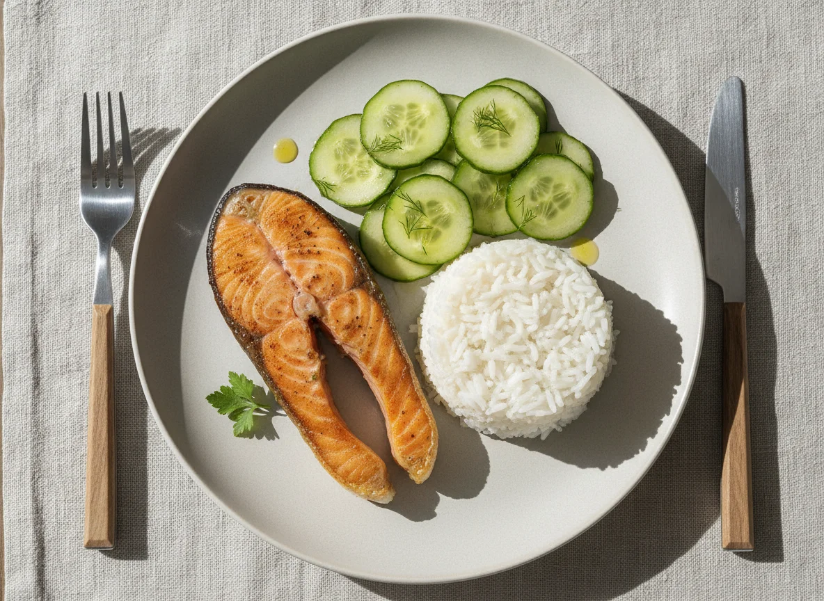 Gebratener Lachs mit Reis und Gurkensalat photo