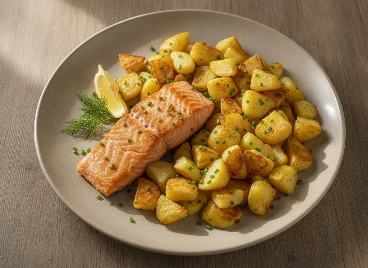 Gebratener Lachs mit Röstkartoffeln photo