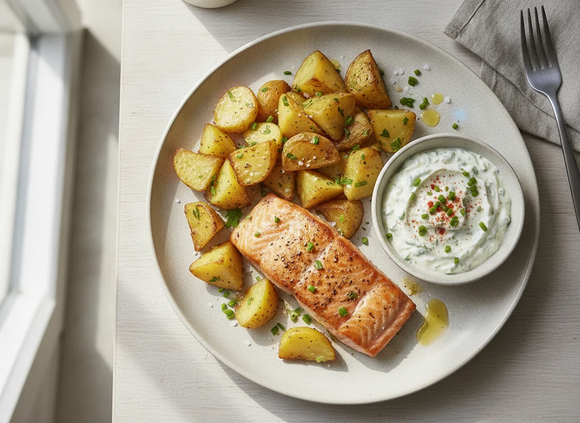Gebratener Lachs mit Röstkartoffeln und Kräuterquark photo