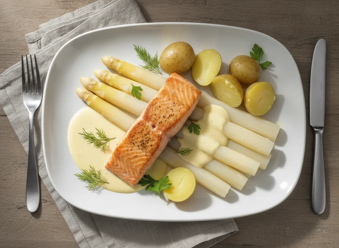 Gebratener Lachs mit Spargel, Salzkartoffeln und Sauce Hollandaise photo