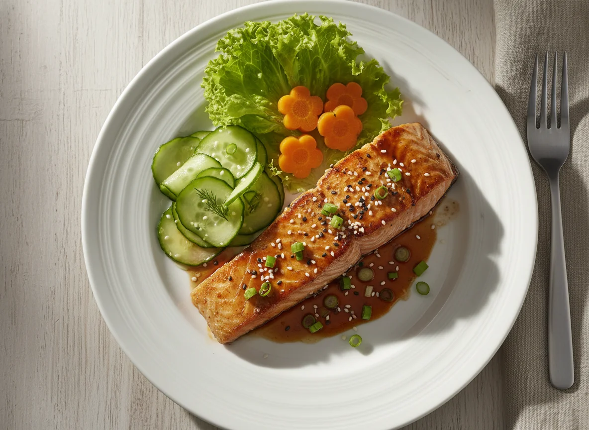 Gebratener Lachs mit Teriyaki-Sauce und Beilagen photo