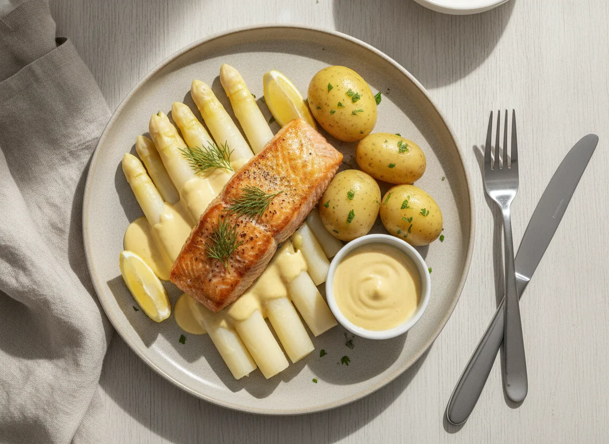 Gebratener Lachs mit weißem Spargel, Salzkartoffeln und Sauce Hollandaise photo
