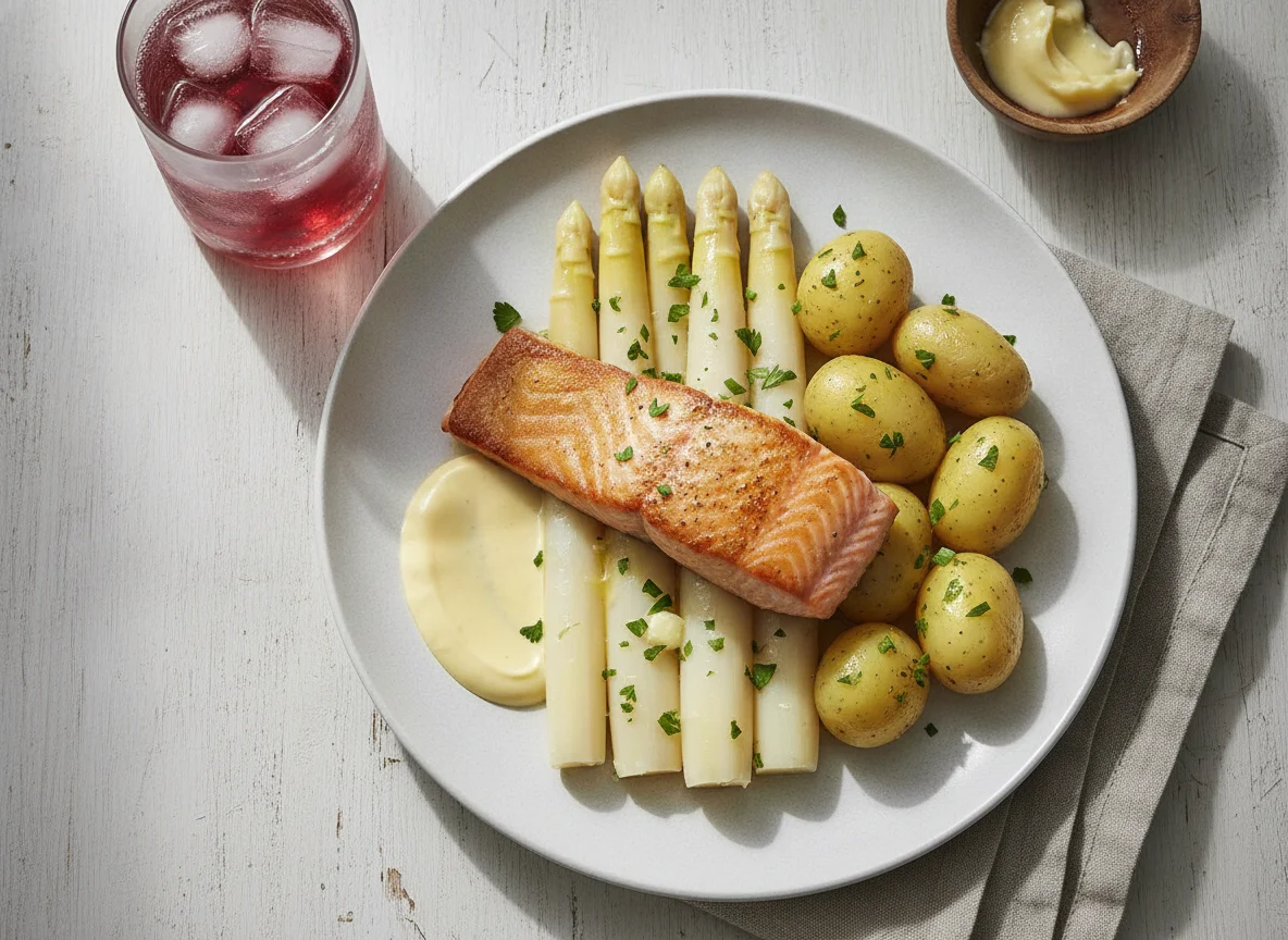 Gebratener Lachs mit weißem Spargel und Salzkartoffeln photo