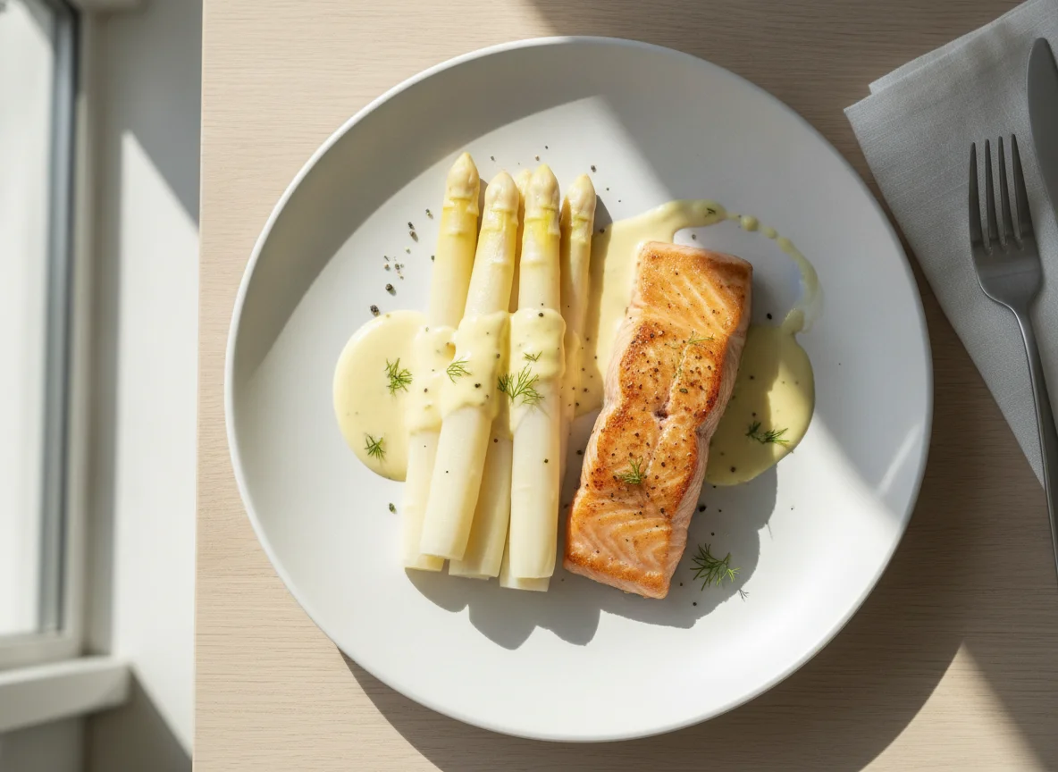 Gebratener Lachs mit weißem Spargel und Sauce Hollandaise photo