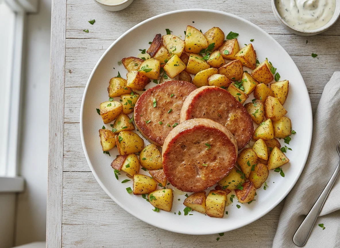 Gebratener Leberkäse mit Röstkartoffeln photo