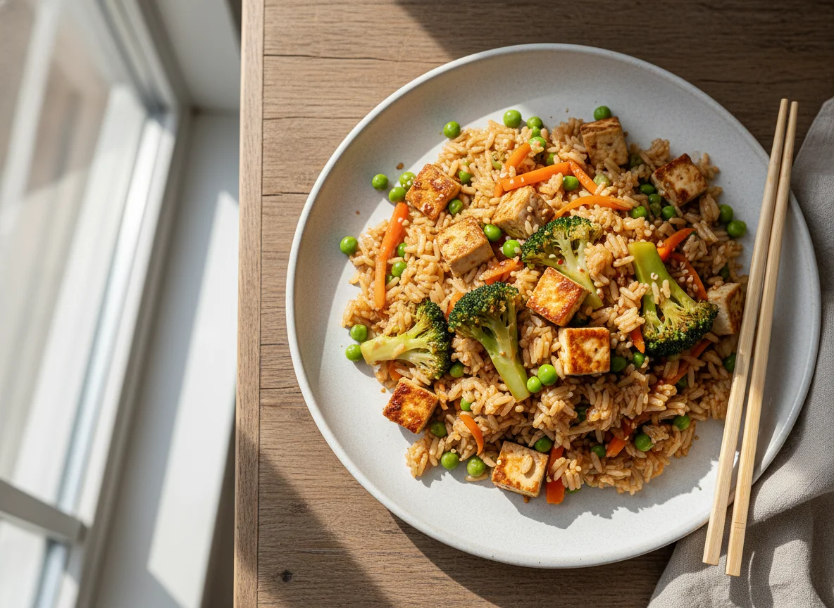 Gebratener Reis mit Brokkoli und Tofu photo