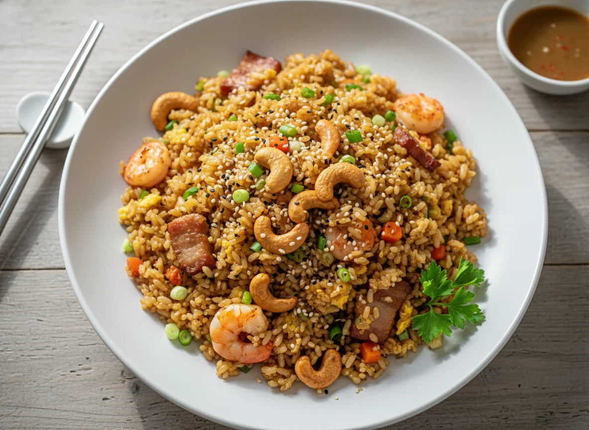 Gebratener Reis mit Cashewkernen und Sesam photo