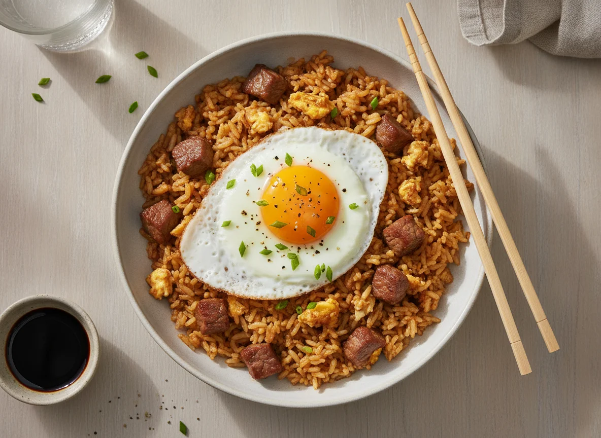 Gebratener Reis mit Ei und Fleisch photo