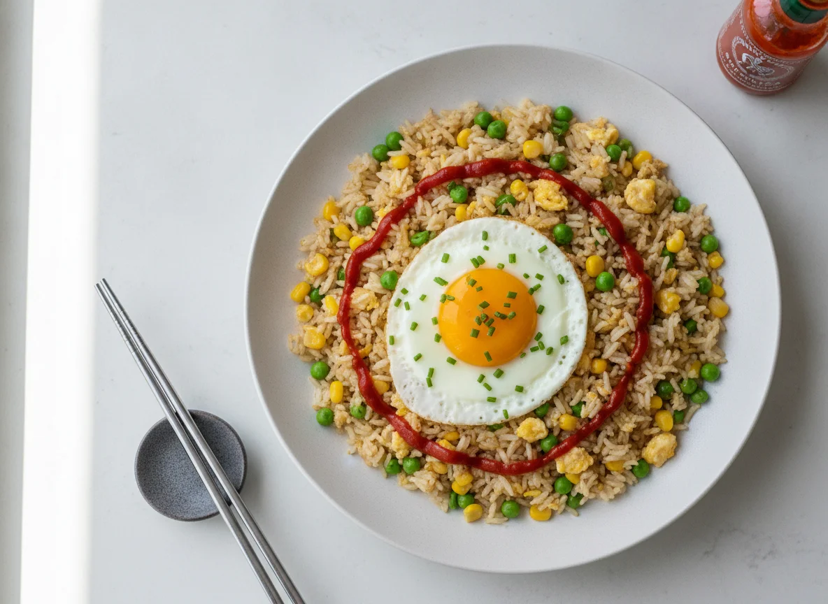 Gebratener Reis mit Ei und Sriracha photo