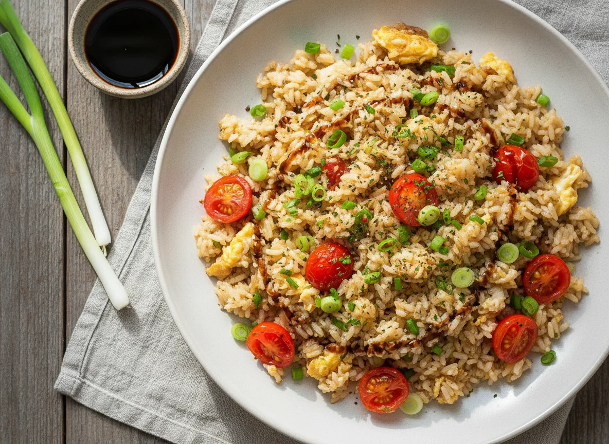 Gebratener Reis mit Ei und Tomaten photo
