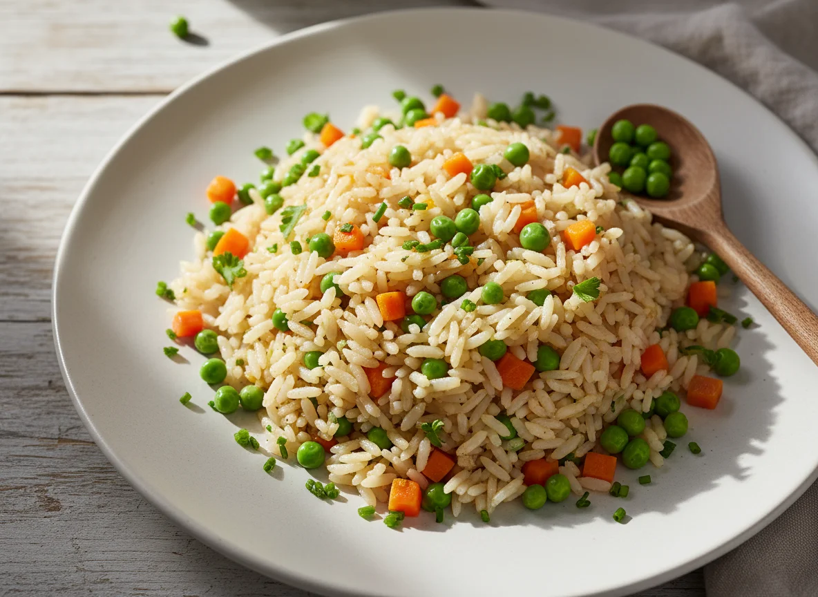 Gebratener Reis mit Erbsen und Karotten photo