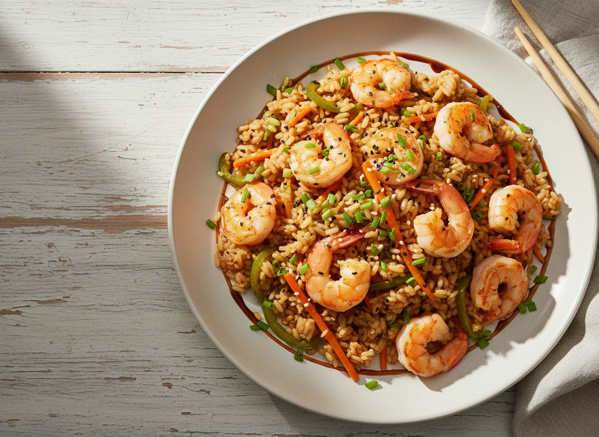 Gebratener Reis mit Garnelen photo