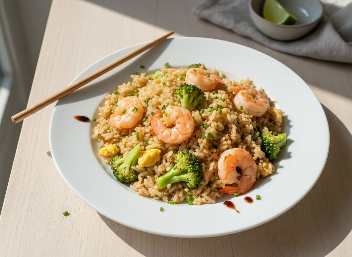 Gebratener Reis mit Garnelen und Brokkoli photo