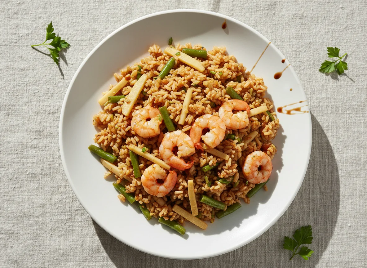 Gebratener Reis mit Garnelen und Gemüse photo