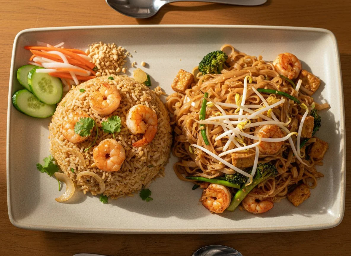 Gebratener Reis mit Garnelen und Pad Thai photo