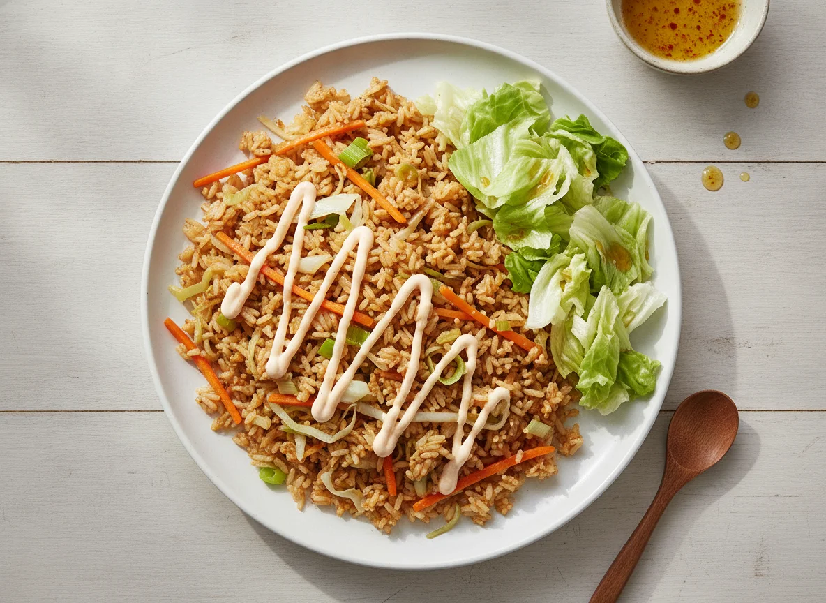 Gebratener Reis mit Gemüse und Beilagensalat photo