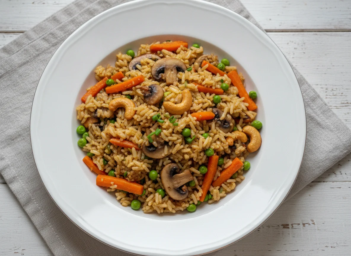 Gebratener Reis mit Gemüse und Cashewkernen photo
