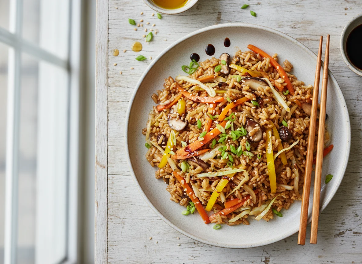 Gebratener Reis mit Gemüse und Pilzen photo