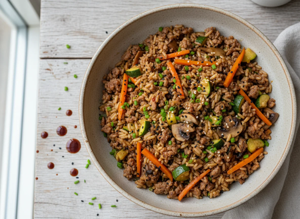 Gebratener Reis mit Hackfleisch und Gemüse photo