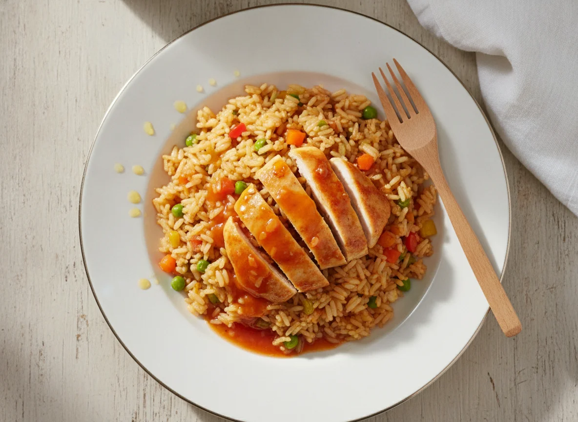 Gebratener Reis mit Hähnchen in Süß-Sauer-Sauce photo