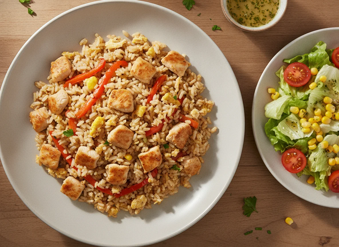 Gebratener Reis mit Hähnchen und Beilagensalat photo