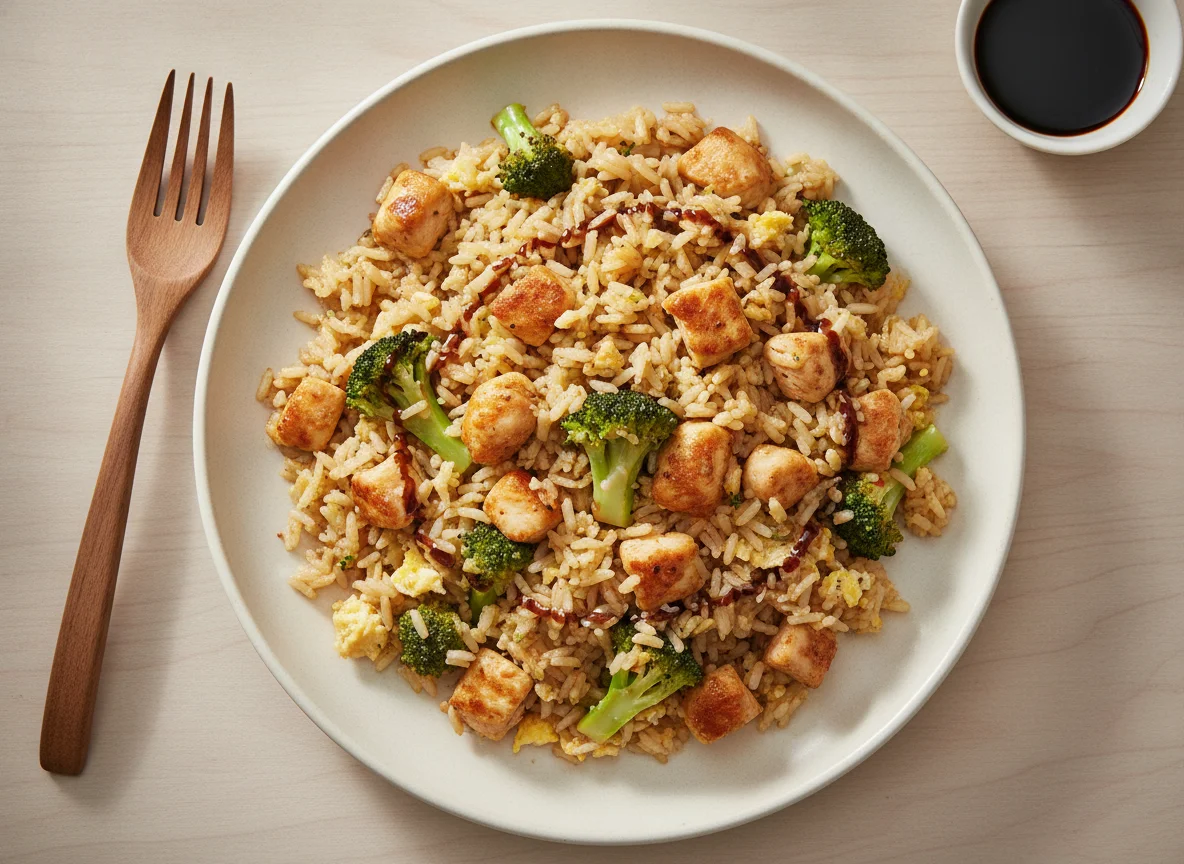 Gebratener Reis mit Hähnchen und Brokkoli photo