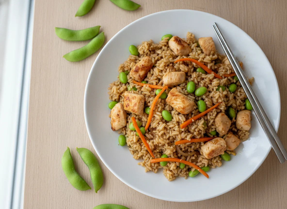 Gebratener Reis mit Hähnchen und Edamame photo