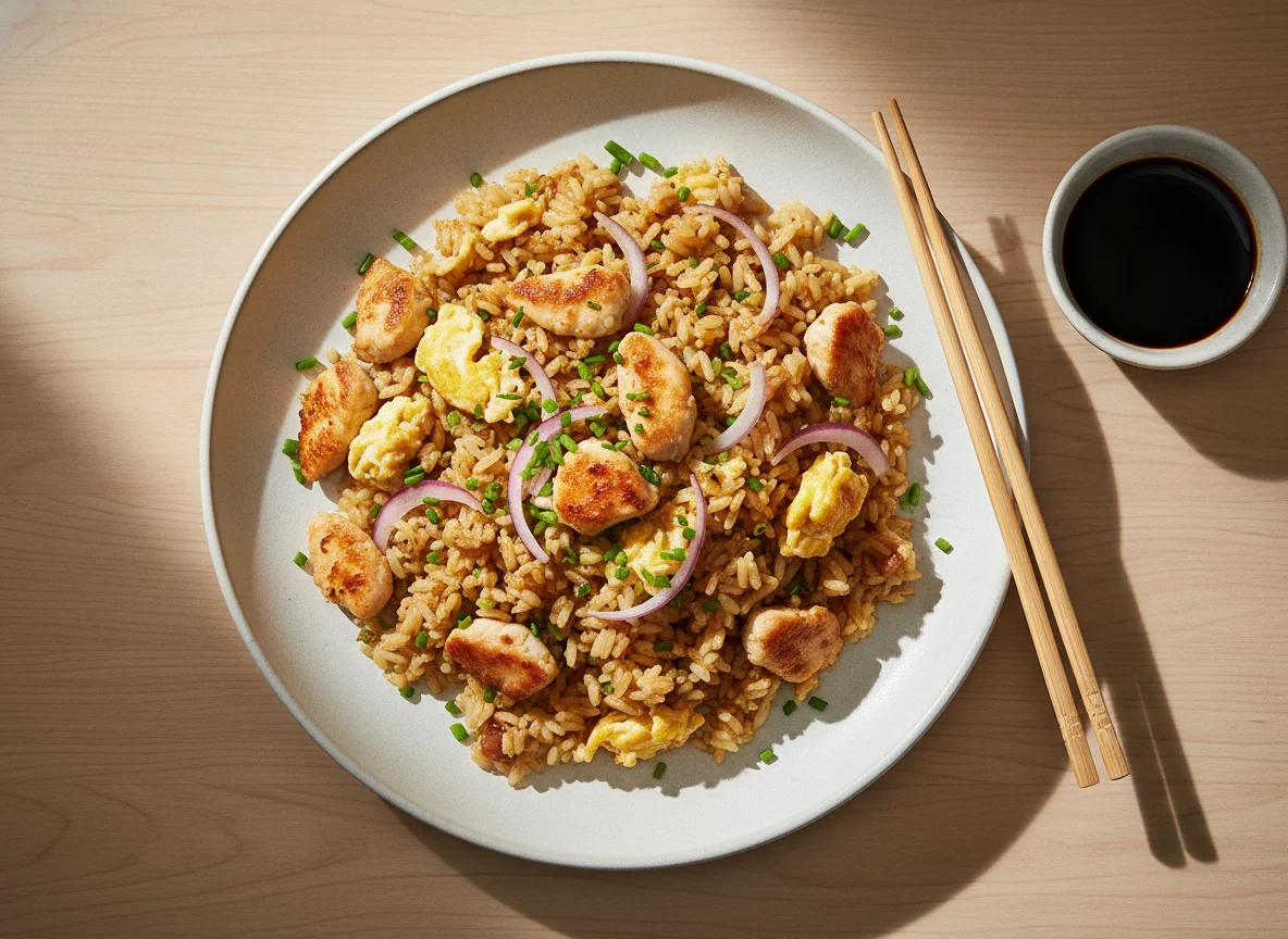 Gebratener Reis mit Hähnchen und Ei photo