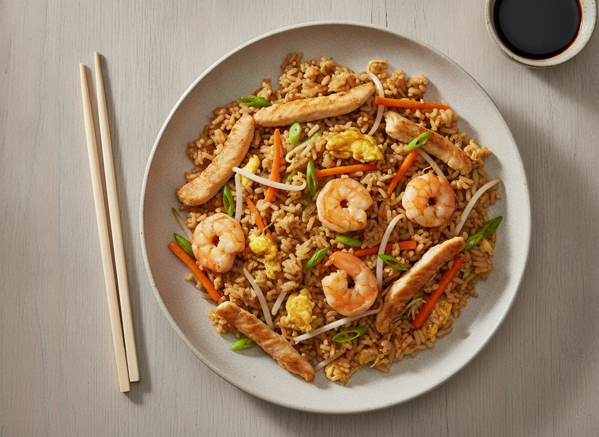 Gebratener Reis mit Hähnchen und Garnelen photo