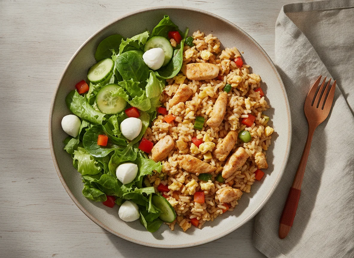 Gebratener Reis mit Hähnchen und gemischtem Salat photo