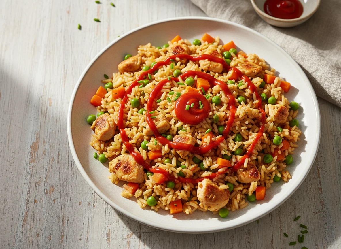 Gebratener Reis mit Hähnchen und Gemüse photo