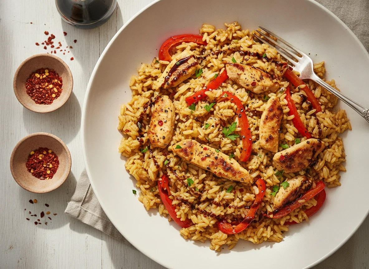Gebratener Reis mit Hähnchen und Paprika photo