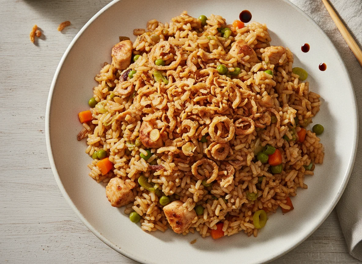 Gebratener Reis mit Hähnchen und Röstzwiebeln photo