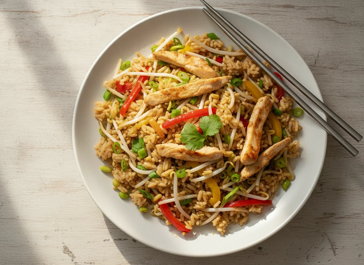 Gebratener Reis mit Hähnchen und Sprossen photo
