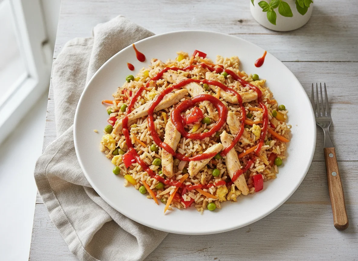 Gebratener Reis mit Hähnchen und Sriracha photo
