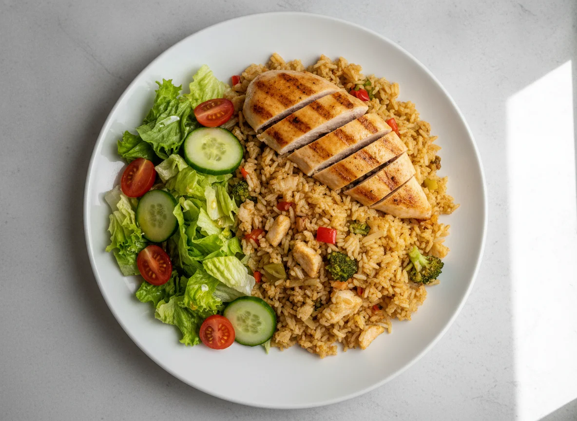 Gebratener Reis mit Hähnchenbrust und Beilagensalat photo