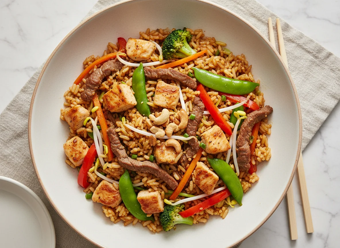 Gebratener Reis mit Huhn, Rind und Gemüse photo